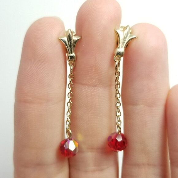 Vintage Red Bead Dangle Stud Earrings, Gold Tone Setting, AB Iridescent, Estate - Picture 5 of 6